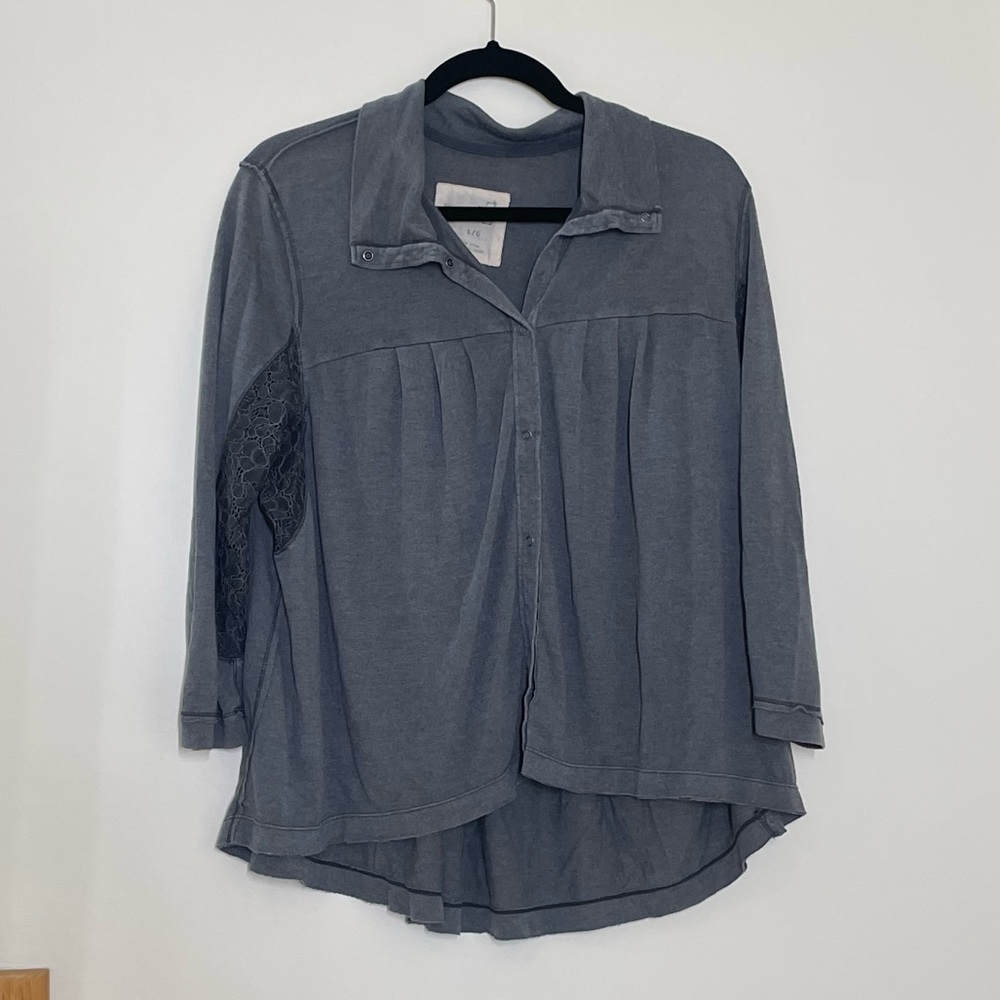 { We The Free Top } Charcoal Soft Button Down with Lace Trim